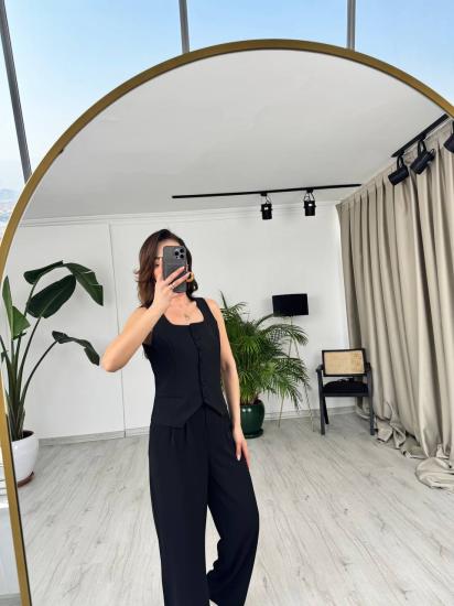 Siyah Top Düğmeli Premium İpekli Krep Kumaş Pantolon Yelek Takım
