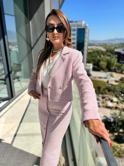 Pudra Pembe Lüks Kalite Etek Ceket Tuvid Takım