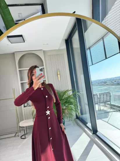 Bordo Gold Düğme Detaylı Krep Kumaş Elbise