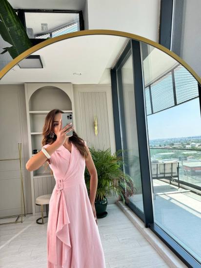 Pembe Kruvaze Tokalı Astarlı %100 Pamuklu Keten Elbise