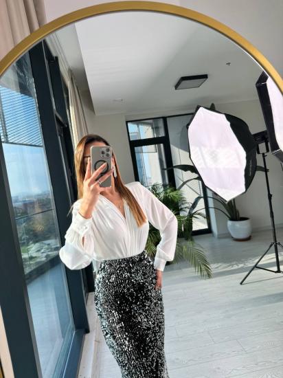 Gri Astarlı Yandan Fermuarlı Lüks Payet Kalem Etek