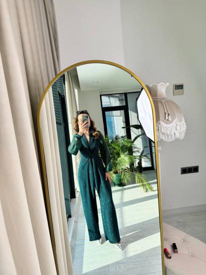 Zümrüt Yeşili Kolu Şifon Işıltılı Bel Bağlamalı Tulum