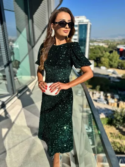 Zümrüt Yeşili Astarlı Lüks Kalite Payet Elbise