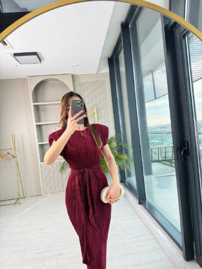 Bordo Vatkalı Astarlı Piliseli Kumaş Elbise