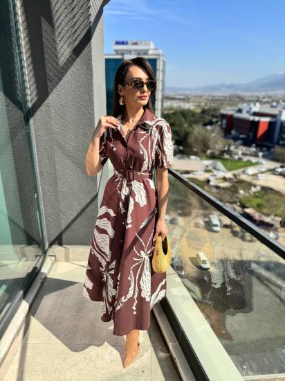 Kahverengi Desenli Kemerli Premium Poplin Kumaş Gömlek Elbise