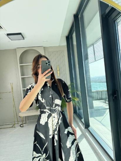 Siyah Desenli Kemerli Premium Poplin Kumaş Gömlek Elbise