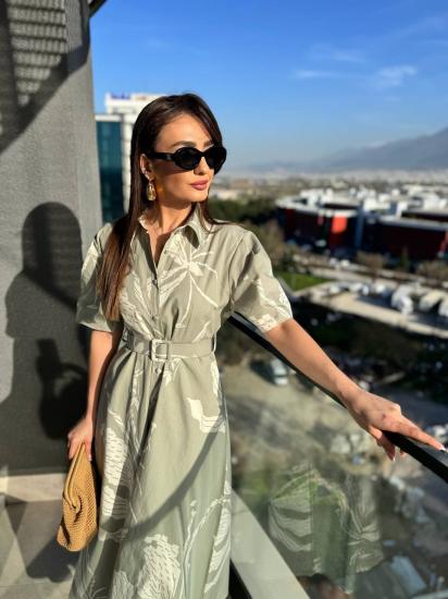 Mint Desenli Kemerli Premium Poplin Kumaş Gömlek Elbise