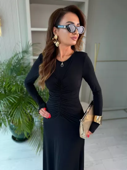 Tasarım Siyah Vatkalı Maxi Boy İthal Likralı Candy Kumaş Elbise