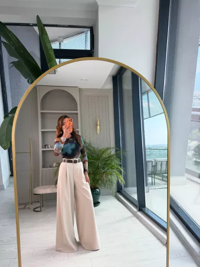  Taş Rengi Kemerli Zara Model Atlas Kumaş Bol Paça Pantolon