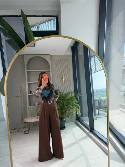 Kahverengi Kemerli Zara Model Atlas Kumaş Bol Paça Pantolon