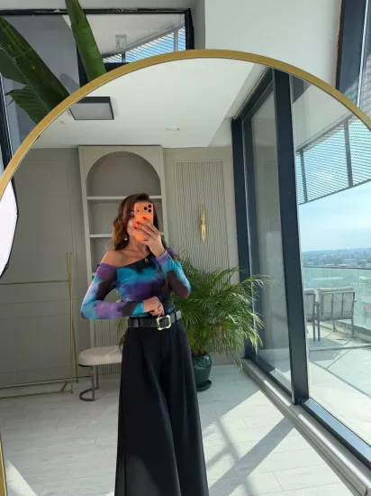 Siyah Kemerli Zara Model Atlas Kumaş Bol Paça Pantolon