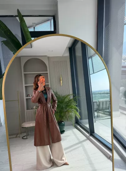 Kahverengi Astarlı Suni Deri Trençkot