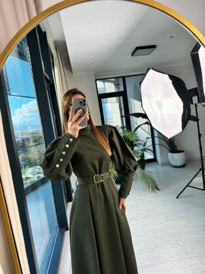 Haki Kemerli Lüks Kalite Atlas Kumaş Kol Detay Elbise