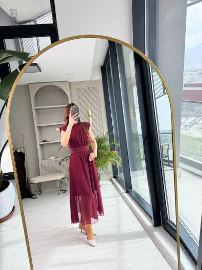 Bordo Taşlı Kuşak Detaylı Astarlı Şifon Elbise