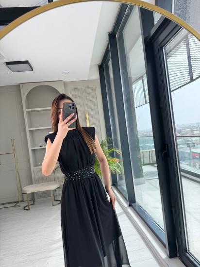Siyah Taşlı Kuşak Detaylı Astarlı Şifon Elbise