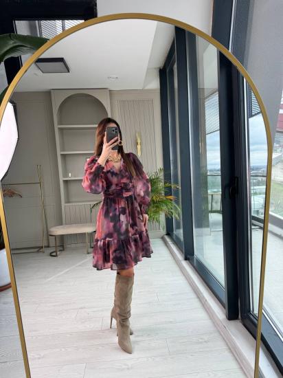 Pembe Geçişli Astarlı Şifon Elbise