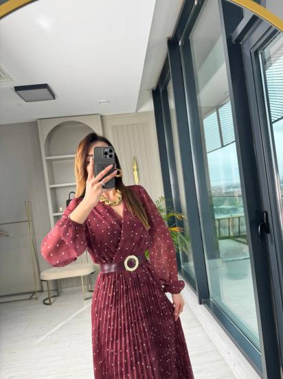 Bordo Puantiye Desenli Kemerli Şifon Elbise