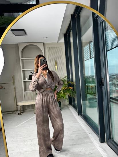 Vizon Taş Desenli Gömlek Pantolon Tiril Saten Takım