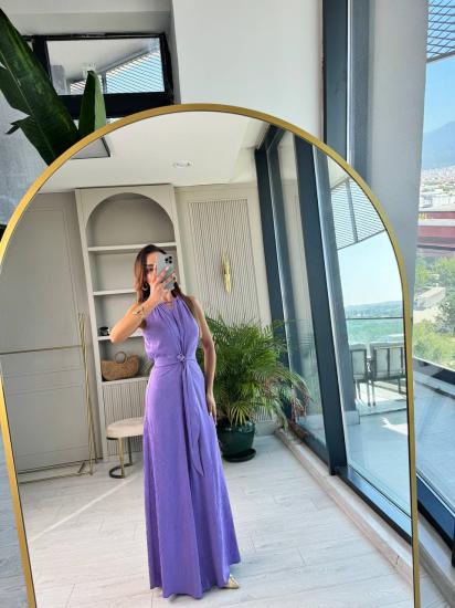 Lila Desenli Bağlama Detaylı Halter Yaka Pamuk Saten Elbise