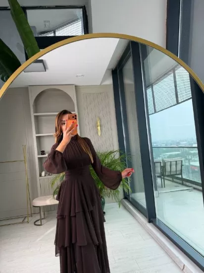 Tasarım Kahverengi Astarlı Beli Korsajlı Valencia Şifon Elbise