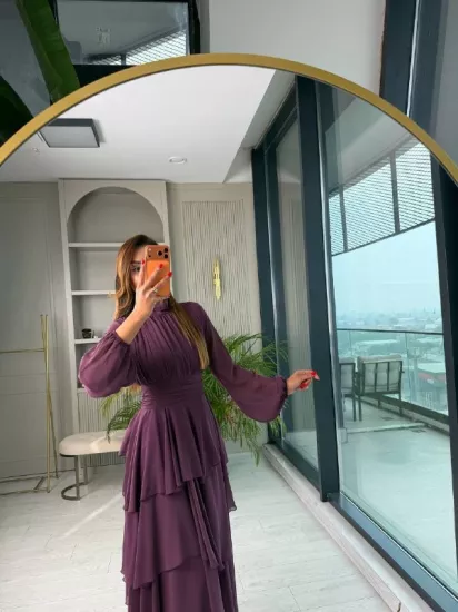 Tasarım Mor Astarlı Beli Korsajlı Valencia Şifon Elbise