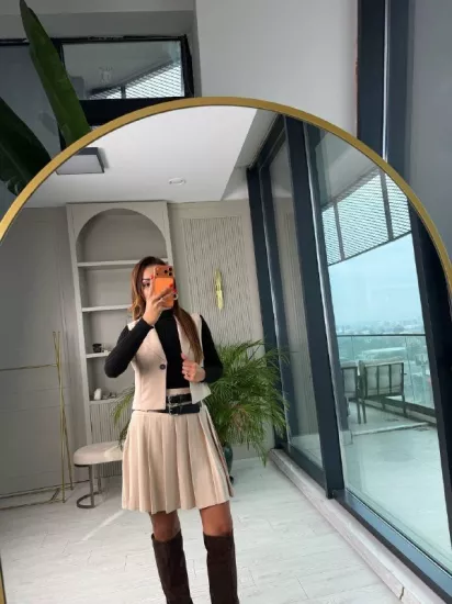 Bej Rengi Kemerli Poliviskon Kumaş Etek Yelek Takım