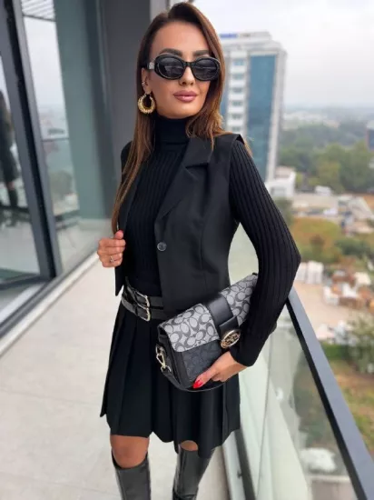 Siyah Kemerli Poliviskon Kumaş Etek Yelek Takım