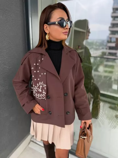 Kahverengi Nakış Detaylı Astarlı Lüks Kalite Trençkot