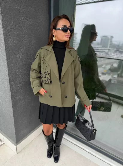 Haki Nakış Detaylı Astarlı Lüks Kalite Trençkot