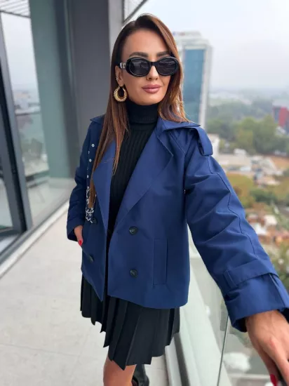 Lacivert Nakış Detaylı Astarlı Lüks Kalite Trençkot