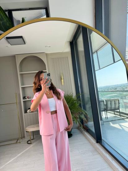 Pembe Gold Güneş Düğmeli Atlas Kumaş Pantolon Yelek Takım