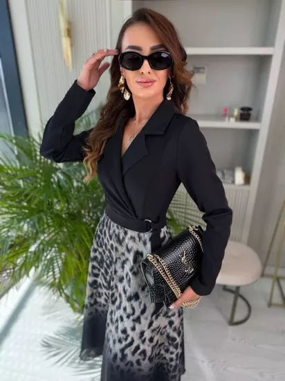 Tasarım Etek Kısmı Şifon Leopar Desen Astarlı Lüks Kalite Elbise