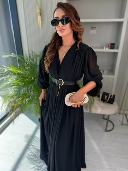 Siyah Maxi Boy Astarlı Kemerli Premium Şifon Elbise