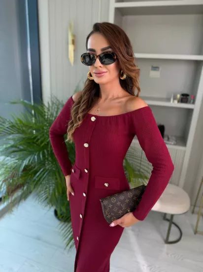 Bordo Kayık Yaka Düğme Detaylı Fitilli Çelik Kumaş Kalem Elbise
