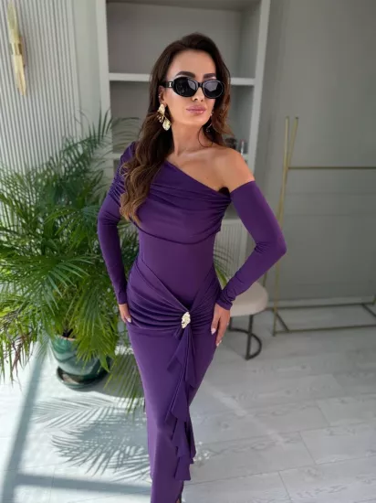 Mor Omuz Detay İthal Likralı Candy Kumaş Elbise