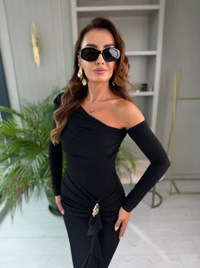 Siyah Omuz Detay İthal Likralı Candy Kumaş Elbise