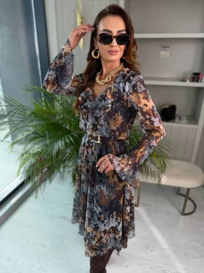 Desenli Volan Detaylı Astarlı Beli Lastikli Lüks Şifon Elbise