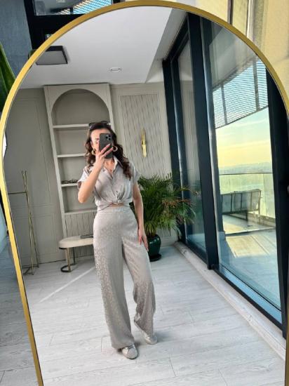 Gri Jakarlı Premium Saten Takım