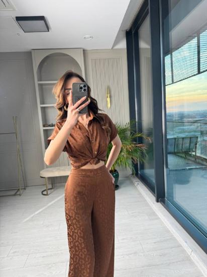 Kahverengi Jakarlı Premium Saten Takım