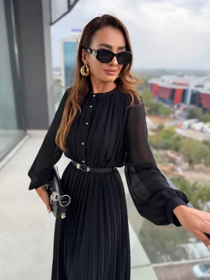 Siyah Piliseli Astarlı Kemerli Düğme Detay Şifon Elbise