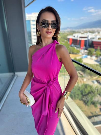Fuşya Tek Kol Tok Saten Maria Elbise