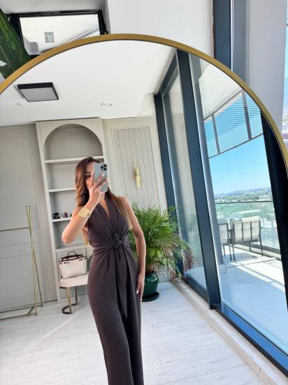 Tasarım Kahverengi Zara Krep Kumaş Bağlamalı Tulum