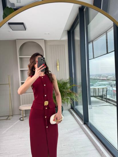 Bordo Zara Model Gold Metal Süs Düğmeli Kalem Elbise