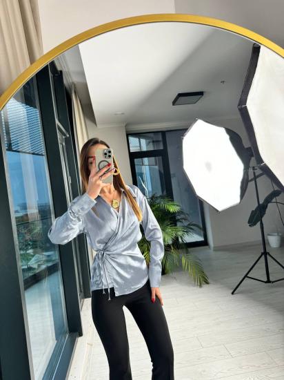 Mavi Gri Lüks Saten Bel Bağlama Bluz