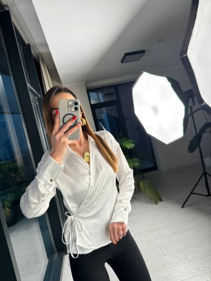 Beyaz Lüks Saten Bel Bağlama Bluz