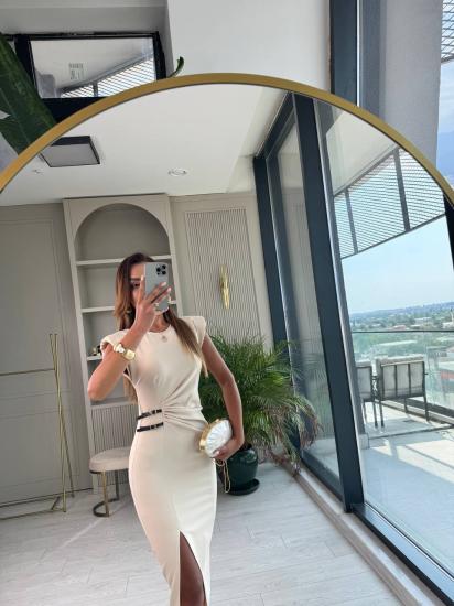 Bej Zara Model Süs Kemerli Kalem Elbise