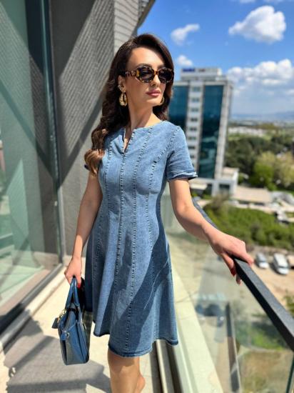 Likralı Mavi Premium Jean Kumaş Çan Kesim Elbise