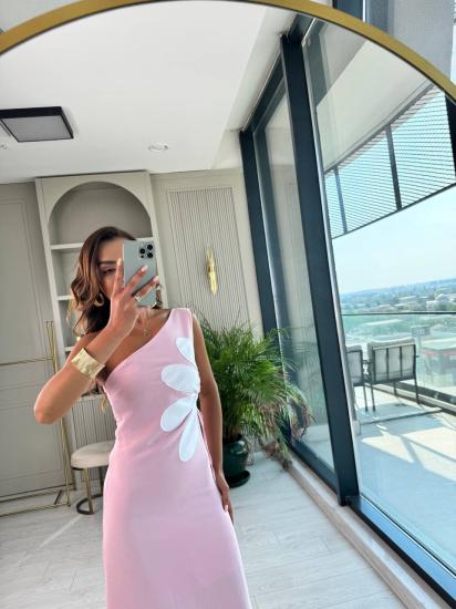 Pembe Çiçekli Bel Detay Astarlı Tok Keten Elbise