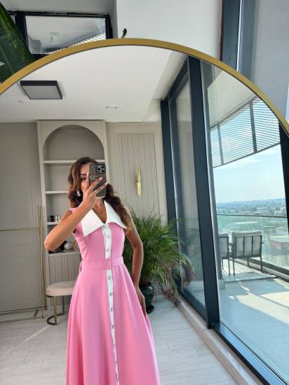 Barbie Pembe inci Taş Düğme Detaylı Lüks Kalite Kemerli Kloş Elbise