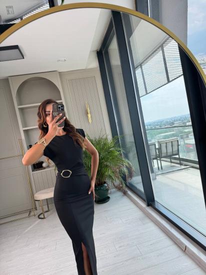 Siyah Zara Model Bel Tokalı Lüks Atlas Kumaş Kalem Elbise
